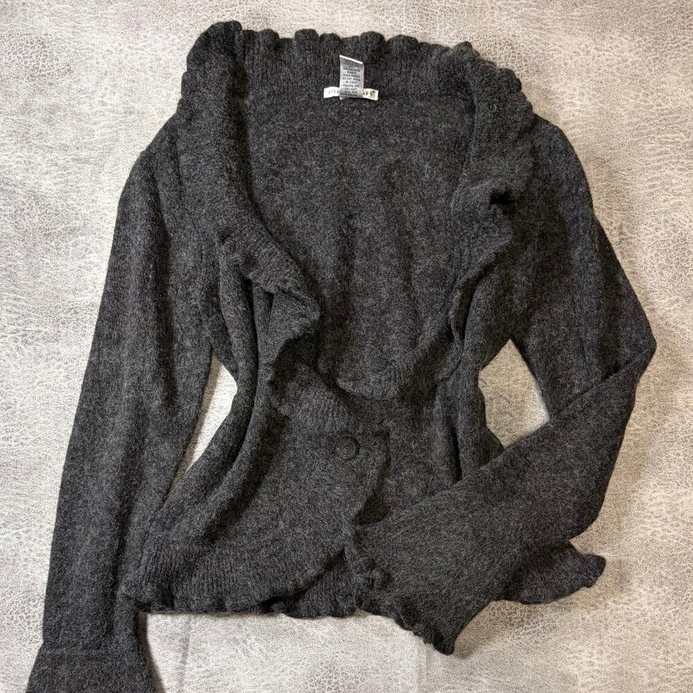 Jillian Jones Grey Ruffle Trim Fuzzy Cardigan